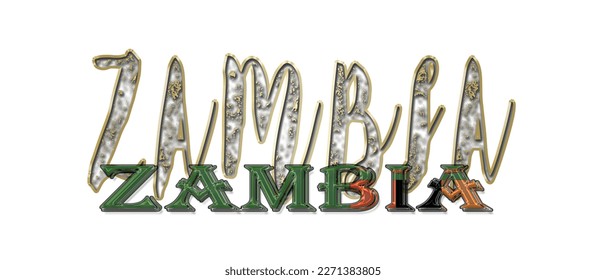 Alfabeto de bombilla 3d de ZAMBIA con marco dorado aislado sobre fondo blanco. fuente de goteo lustroso dorado. Ilustración vectorial.