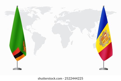 Zambia and Andorra flags for official meeting against background of world map.