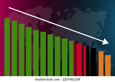Zambia bar chart graph, decreasing values, crisis and downgrade concept, Zambia flag on bar graph, down arrow on data, news banner idea, fail and decrease, financial statistic