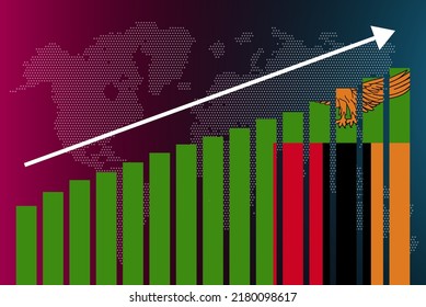 Gráfico de barras de Zambia, valores en aumento, concepto de estadísticas del país, bandera de Zambia en el gráfico de barras, flecha ascendente en los datos, idea de pancarta de noticias