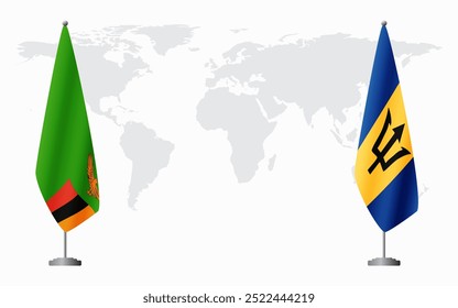 Bandeiras da Zâmbia e de Barbados para reunião oficial contra fundo do mapa do mundo.