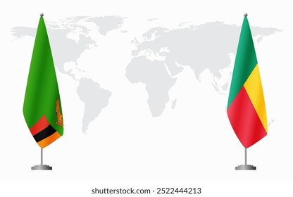 Fahnen Sambias und Benins für offizielle Treffen vor dem Hintergrund der Weltkarte.