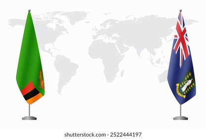 Bandeiras da Zâmbia e das Ilhas Virgens Britânicas para reunião oficial em segundo plano do mapa do mundo.