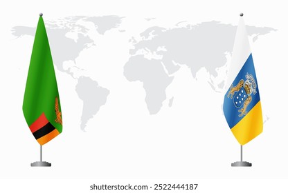 Bandeiras da Zâmbia e das Ilhas Canárias para reunião oficial em segundo plano do mapa do mundo.