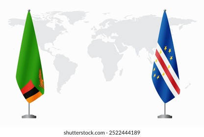 Zambia and Cape Verde flags for official meeting against background of world map.