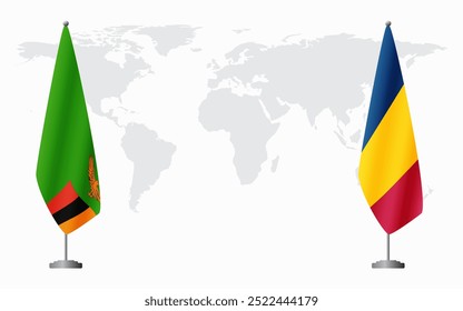 Zambia and Chad flags for official meeting against background of world map.
