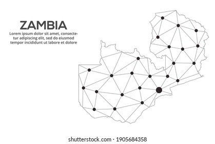 Mapa de la red de comunicaciones de Zambia. Imagen de un mapa global con luces en forma de ciudades. Mapa en forma de constelación, silencio y estrellas.