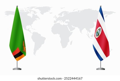 Zambia and Costa Rica flags for official meeting against background of world map.