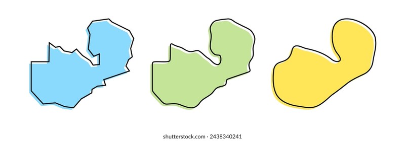 Zambia country black outline and colored country silhouettes in three different levels of smoothness. Simplified maps. Vector icons isolated on white background.