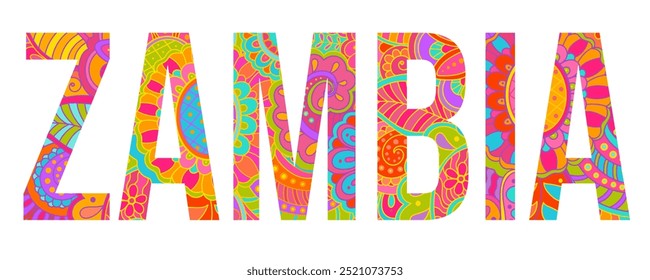 Zambia country creative text design filled with colorful doodle pattern	