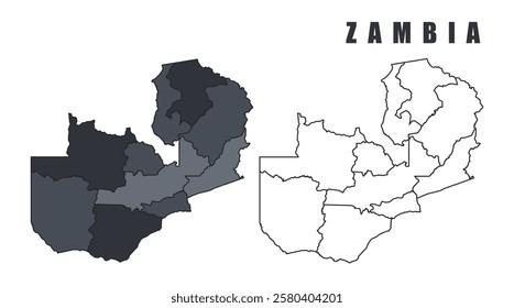 Zambia country map black flat outline vector illustration set