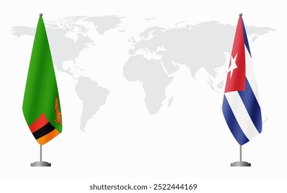 Zambia and Cuba flags for official meeting against background of world map.