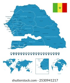 Zambia - detailed blue country map with cities, regions, location on world map and globe. Infographic icons. Vector illustration