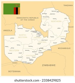 Zambia - detailed map with administrative divisions and country flag. Vector illustration