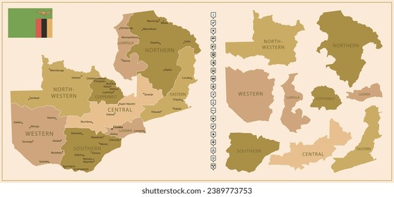 Zambia - detailed map of the country in brown colors, divided into regions. Vector illustration