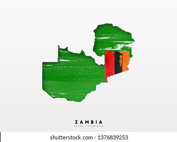 Zambia detailed map with flag of country. Painted in watercolor paint colors in the national flag.