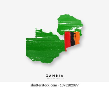 Zambia detailed map with flag of country. Painted in watercolor paint colors in the national flag.