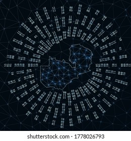 Zambia digital map with binary rays radiating around the glowing country, depicting internet connections and data exchange in a futuristic design. Vector illustration.