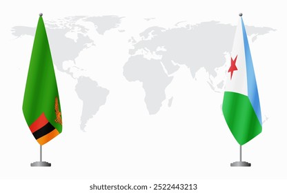 Banderas de Zambia y Yibuti para reunión oficial con antecedentes del mapa mundial.