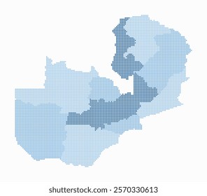 Zambia dotted map. Digital style map of the country on a white background. Zambia shape with square dots. Colored dots style. Small size squares. Creative vector illustration.
