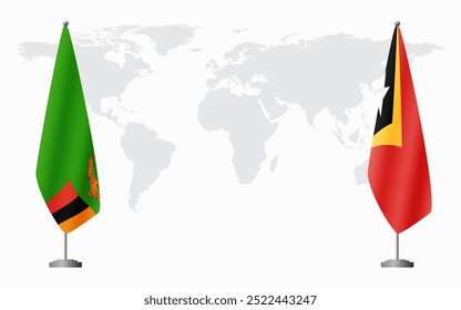 Zambia and East Timor flags for official meeting against background of world map.