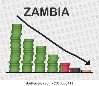 Zambia economic collapse, decreasing values with coins, crisis and downgrade concept, Zambia flag with changes, falling arrow, news banner idea, fail and decrease, financial decline
