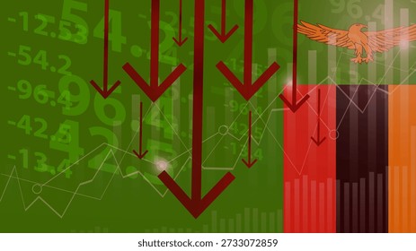 Colapso económico de Zambia, valores decrecientes con monedas, crisis y concepto de degradación, bandera de Zambia con cambios, flecha que cae, idea de Anuncio de noticias, falla y disminuye, declive financiero