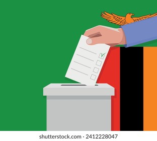 Zambia election concept. Hand puts vote bulletin into vote box.