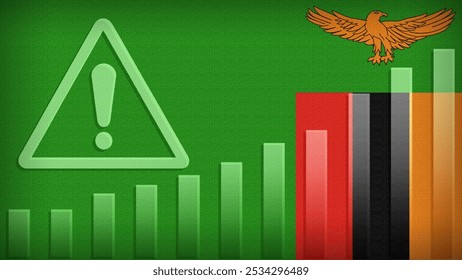 Zambia flag with burlap texture, warning sign, and rising bar chart symbolizing increasing risk or growth challenges in the country. Ideal for data presentations.