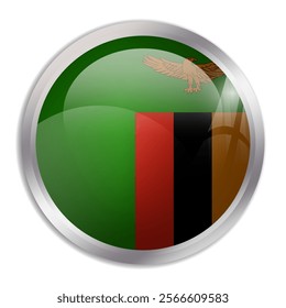 Zambia flag - glossy circle button displays a colorful flag representing a country cultural identity and heritage. The essence of national pride and unity.