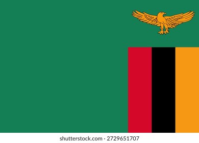 Sambia-Flagge mit grünem Hintergrund und Adler auf vertikalen Streifen in Rot, Schwarz und Orange