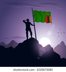 Zambia Flag hoisted on a mountain peak with a purplish sunset in the background, vector illustration