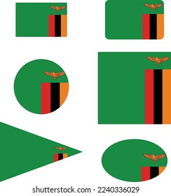 Zambia flag icon set in 6 shape versions. Collection of Zambia flag icons. Vector set of zambia flag