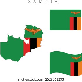 zambia flag . independence day of zambia flag and map of vector illustration on white background . zambia map and left side two flag wavy and rectangular shape .