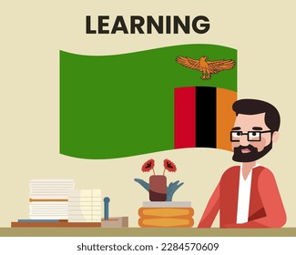 Zambia flag with a male teacher, learning or teaching Zambia language, bearded man with glasses and country flag vector design, language school concept