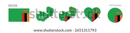 zambia flag and map set. zambia flag in official colors and proportions. independence day 24 october, map, circle and heart shaped zambia