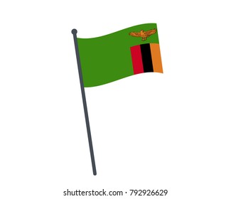 Zambia flag. The national flag of Zambia on a pole. The waving flag. The sign and symbol of the country. Realistic vector on white.