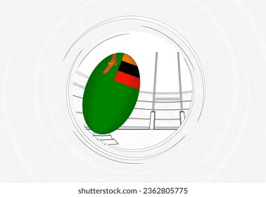 Zambia flag on rugby ball, lined circle rugby icon with ball in a crowded stadium. Vector sport emblem on abstract background.