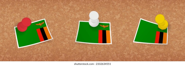 Zambia flag pinned in cork board, three versions of Zambia flag. Vector pushpins and flag set.