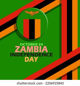 Zambia flag with ribbons and bold text on dark green background to commemorate Zambia Independence Day on October 24