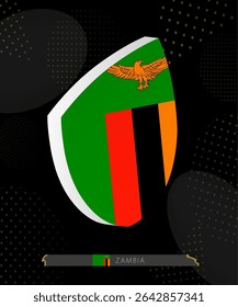 Zambia Flag Shield icon in 3D on Dark Modern Abstract Rugby Background. Perfect for sports events, heritage themes, national celebrations, and patriotic designs.