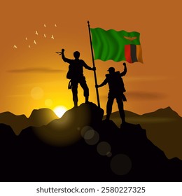 Zambia flag, silhouette of two climbers holding flags at sunset