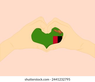 Zambia flag with two hands heart shape, express love or affection concept, support or donate to Zambia, hand heart love sign, vector design, patriotism and nationalism idea