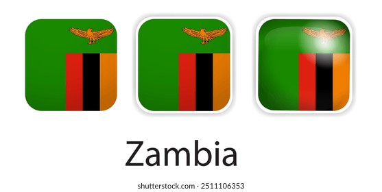 Iconos del vector de la bandera de Zambia fijados en la forma del cuadrado redondeado
