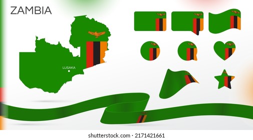 Zambia flags set. Various designs. Map and capital city. World flags. Vector set. Circle icon. Template for independence day. Collection of national symbols. Ribbon with colors of the flag. Africa
