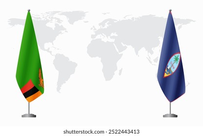 Zambia and Guam flags for official meeting against background of world map.