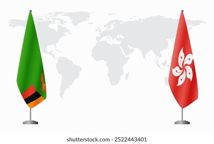 Zambia and Hong Kong flags for official meeting against background of world map.