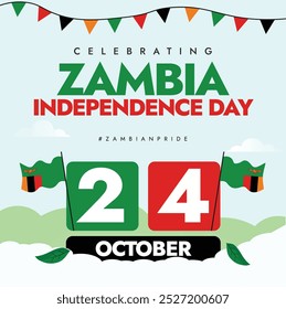 Anuncio, post, antecedentes del día de la independencia de Zambia. 24 de octubre Día de la Independencia de Zambia Anuncio con sus banderas. El día recuerda la liberación de Zambia del Reino Unido en 1964. 60 años de Zambia.