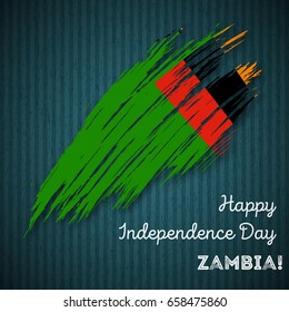 Zambia Independence Day Patriotic Design. Expressive Brush Stroke in National Flag Colors on dark striped background. Vector Greeting Card.