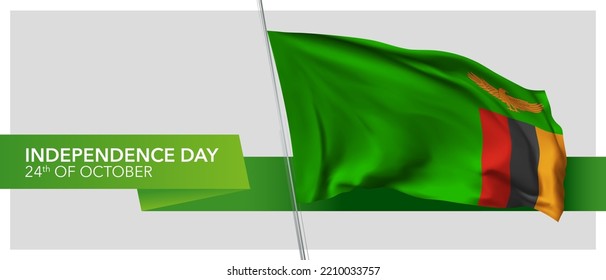 Banner vectorial del día de la independencia de Zambia, tarjeta de saludo. Bandera ondulada zambiana el 24 de octubre, fiesta patriótica, diseño horizontal